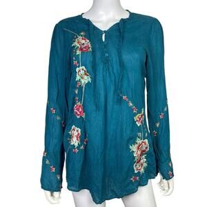 Johnny Was Women's S Teal Embroidered Boho Tie Button Long Sleeve Top EUC